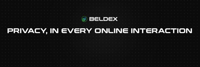 The image shows a dark background with the "BELDEX" logo (a green padlock icon with the wordmark) at the top and the tagline "PRIVACY, IN EVERY ONLINE INTERACTION" in bold white text below it, reinforcing the post's message about Beldex's mission to deliver comprehensive privacy across messaging, browsing, identity, and payments in the Web3 space.