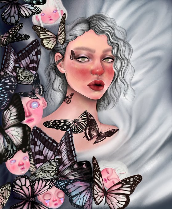A digital illustration of a woman with silver hair surrounded by numerous butterflies and small doll-like faces against a swirling white background.