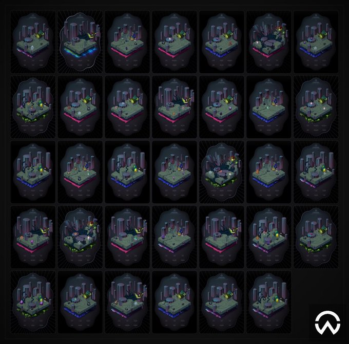 Grid displaying numerous procedural dungeon-crawler style 3D tile sets, each featuring similar isometric dungeon environments with varying configurations.