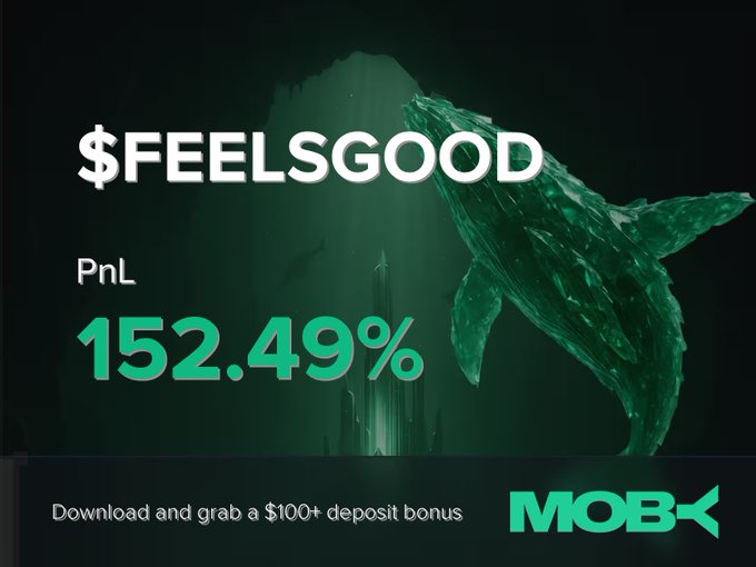 A promotional graphic for Moby featuring a green whale silhouette alongside the ticker "$FEELSGOOD" and a highlighted PnL of 152.49%, celebrating a trader's profitable position close and promoting a $100+ deposit bonus.