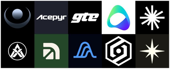 A grid of ten various logo designs displayed on dark backgrounds, including text-based logos like 'Acepyr' and 'gts' alongside abstract geometric and stylized graphic marks.