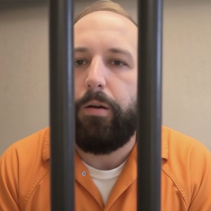 A bearded man in an orange prison jumpsuit looks through black metal jail bars.