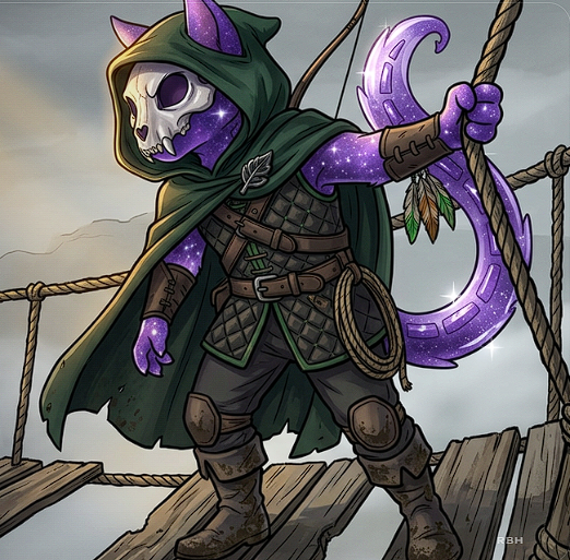 A fantasy illustration of a hooded skeleton character with purple cat-like ears, a starry purple body, and a crescent moon tail, holding a rope on a wooden ship deck.