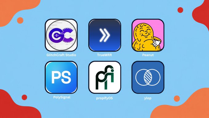 A grid of six app icons displayed on a blue background with red accent corners, showcasing the featured startups: GlitchCraft Studio, TrueMRR, Peanut, PolySignal, propifyOS, and ylop, as highlighted in the daily early projects community roundup.
