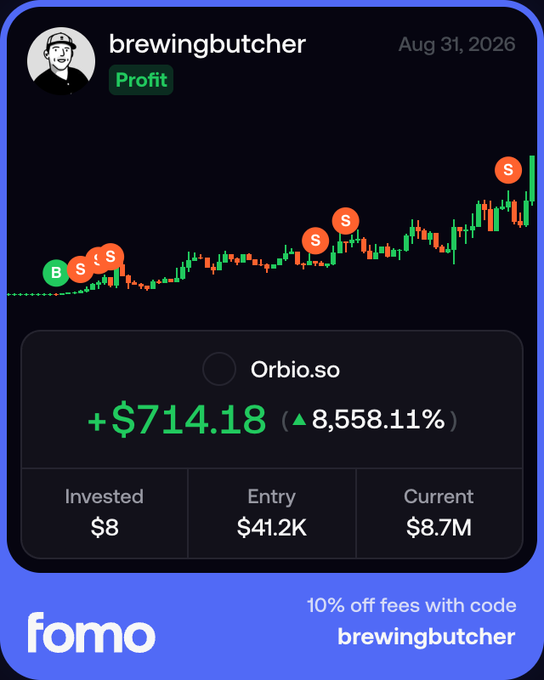A trading app screenshot from user 'brewingbutcher' showing profit of +$714.18 (8,558.11%) on Orbio.so, invested $8 with current value $8.7M; branded 'fomo' with promo code 'brewingbutcher'.