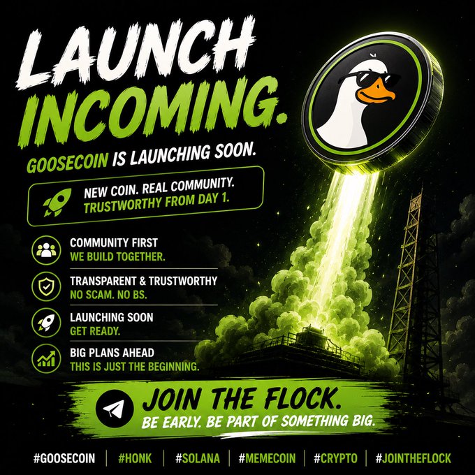 Promotional graphic for 'GOOSECOIN' announcing a launch, featuring a goose in sunglasses inside a coin lifting off via rocket, with slogans including 'LAUNCH INCOMING', 'COMMUNITY FIRST', 'TRANSPARENT & TRUSTWORTHY', and 'JOIN THE FLOCK'. Hashtags displayed: #GOOSECOIN, #HONK, #SOLANA, #MEMECOIN, #CRYPTO, #JOINTHEFLOCK.