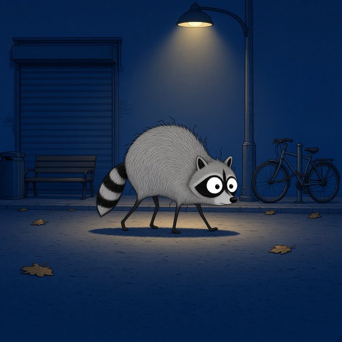 A digital illustration of a cartoon raccoon with wide eyes walking along a sidewalk at night, illuminated by a street lamp with a bench and bicycle in the background.