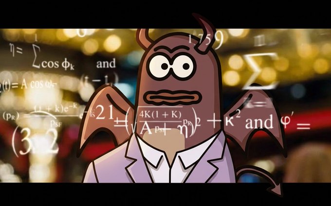 A cartoon devil character with wings, horns, and a tail wearing a suit jacket, standing with arms outstretched amid floating complex mathematical equations and formulas.