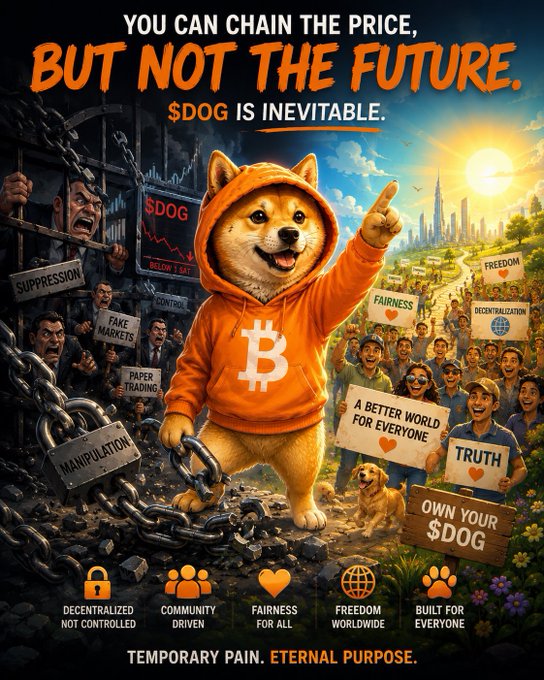 The image features a Shiba Inu wearing an orange Bitcoin hoodie breaking free from chains labeled "Suppression," "Fake Markets," "Paper Trading," and "Manipulation," while pointing toward a crowd holding signs like "Freedom," "Fairness," "Truth," and "Own Your $DOG," with the headline "$DOG is inevitable." The accompanying post echoes this optimistic, revolutionary tone, framing $DOG as Bitcoin-like in its potential to bring hope and decentralization to humanity against corrupt systems, perfectly aligning with the image's message of breaking through suppression for a "better world for everyone."