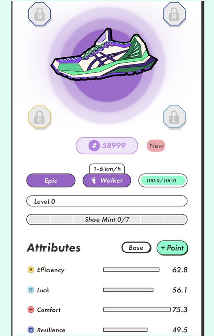 A mobile game interface displays an Epic 'Walker' sneaker (green and white Asics-style shoe) priced at 58999 coins, with stats including Efficiency 62.8, Luck 56.1, Comfort 75.3, and Resilience 49.5.