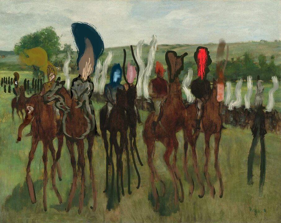 The image features an oil painting depicting a group of people riding horses, with some of them wearing hats. The painting has a vintage style, giving it a classic feel. The artist's signature can be seen at the bottom right corner of the artwork. The painting is titled "GM Fam´s" and is part of the collection @HuemansUniverse wish you full a beautiful day full of magic.