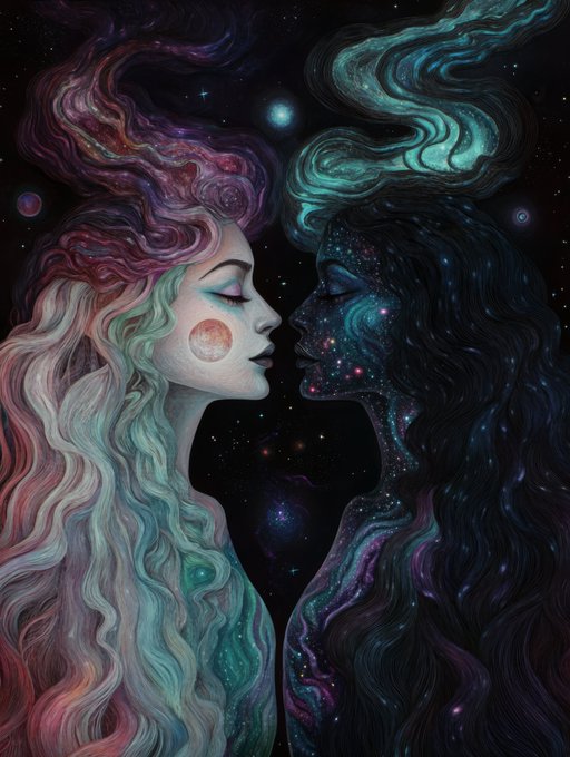 A fantasy digital illustration of two female figures facing each other in profile against a starry cosmic background; one has flowing rainbow-colored hair while the other has dark hair embedded with stars and galaxies.