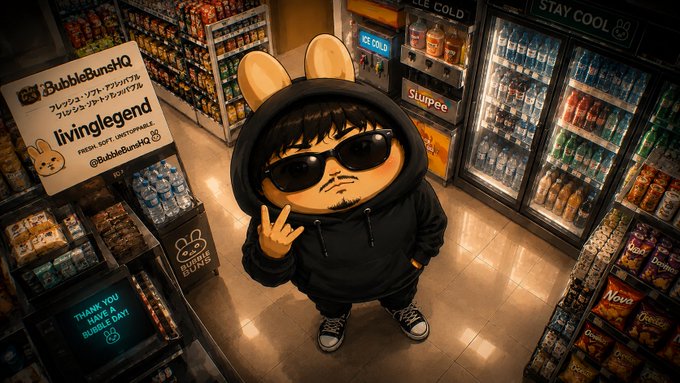 A social media post by 'livinglegend' featuring an illustration of a person in a bunny hoodie and sunglasses in a convenience store setting.