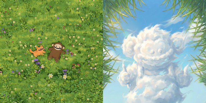 A split image showing an illustration of a small orange cat and a brown bear in a grassy flower field on the left, and a white sheep-like cloud figure with closed eyes and horns against a blue sky on the right.