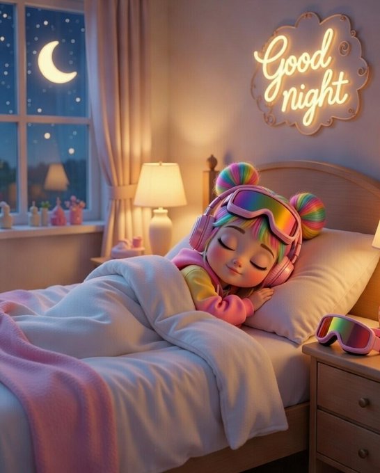 The image features a cartoon girl sleeping peacefully in her bed, wearing a pair of headphones. The caption for the image reads "Good night Keep building on @RiverdotInc @River4fun $RIVER". This suggests that the girl's peaceful slumber is being celebrated and encouraged by an online community or individual who supports her interests or endeavors.