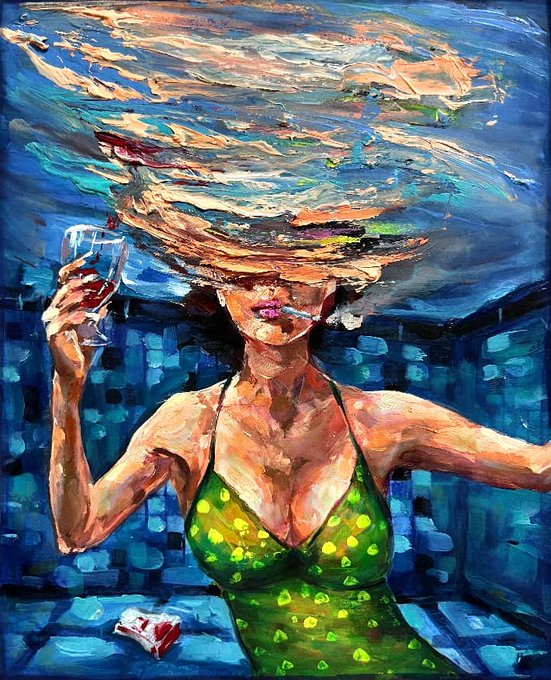 An expressive oil painting of a woman in a green polka-dot swimsuit holding a wine glass, with a surreal swirling water effect obscuring her head, set against a blue cityscape background.