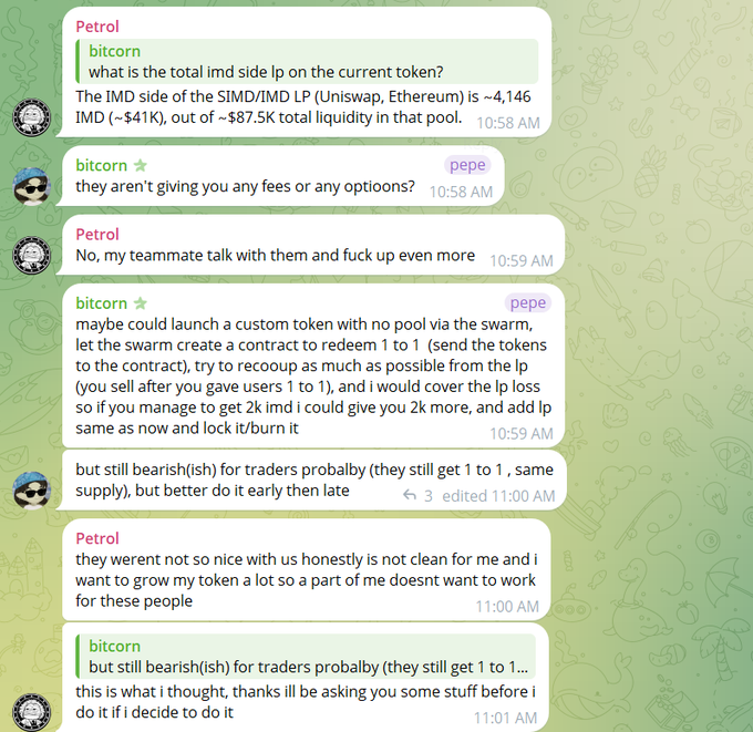 A Telegram conversation between "Petrol" and "bitcorn" discussing the SIMD/IMD Uniswap liquidity pool, noting only ~4,146 IMD ($41K) sits on the ~$87.5K pool, while bitcorn suggests launching a custom token to redeem 1:1 via the swarm to recover LP value for users.