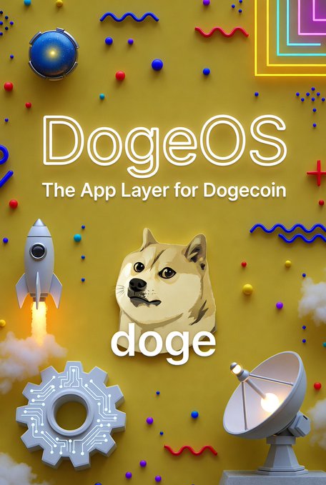 A promotional graphic for 'DogeOS - The App Layer for Dogecoin' featuring a Shiba Inu dog head, a rocket, gear, satellite dish, and 3D elements on a mustard yellow background.