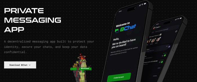 Promotional screenshot for "BChat" private messaging app, describing it as a decentralized messaging platform protecting user identity, with phone mockups showing the app interface and a cartoon llama character.