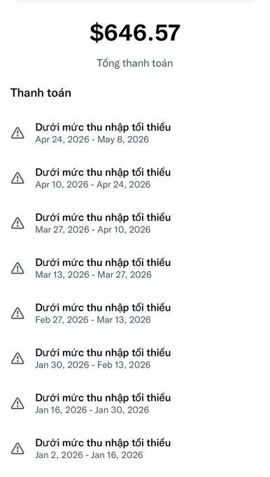A payment summary screen showing a total payment of $646.57 ($646.57) with multiple warnings of 'Dưới mức thu nhập tối thiểu' (Below minimum income threshold) for biweekly periods from January 2, 2026 through May 8, 2026.