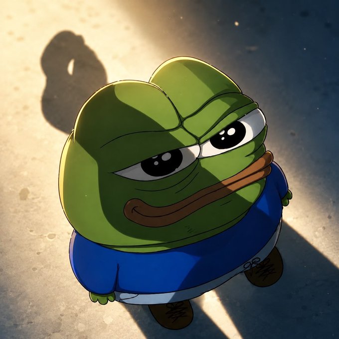 A sad Pepe the Frog character stands in a blue shirt with a somber expression, his shadow cast dramatically on the ground, fitting the "gm" greeting and community update vibe of the post.