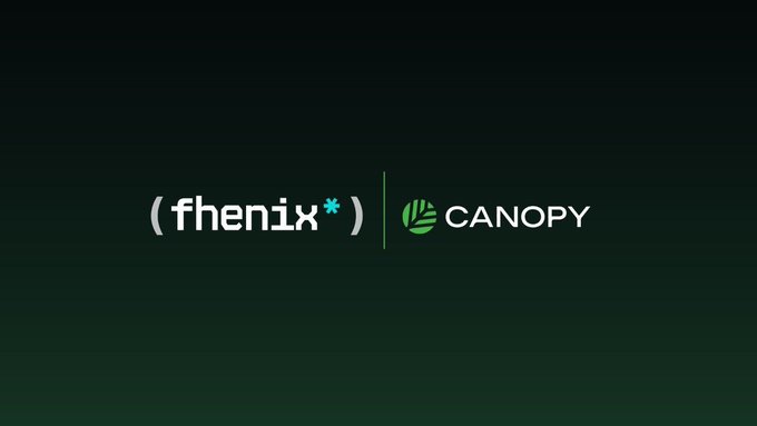A black screen displaying the '(fhenix*)' logo in white and blue alongside the 'CANOPY' logo with a green leaf emblem.