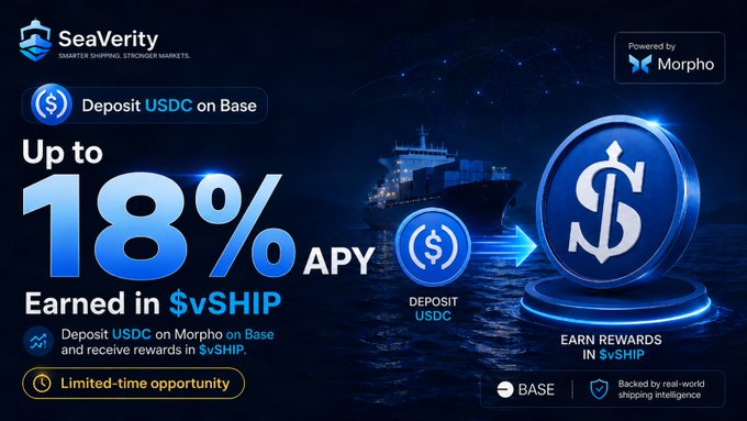 A promotional banner for SeaVerity advertises up to 18% APY in $vSHIP rewards for depositing USDC on Morpho (Base), featuring a glowing cargo ship, USDC and dollar token icons, and "Powered by Morpho" and "Backed by real-world shipping intelligence" badges—directly illustrating the post's call to earn $vSHIP passively via USDC deposits without buying the token.