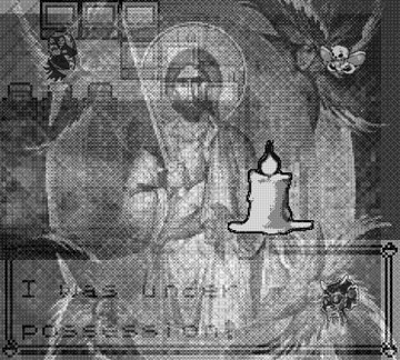 A pixelated grayscale image of a hooded skeletal figure with a Snapchat ghost overlay and partially legible text beginning with 'I was once possessed.'