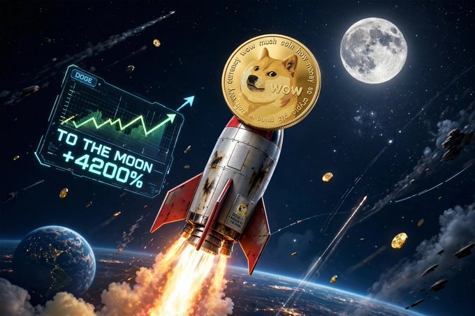 A rocket emblazoned with the Dogecoin logo soars toward a moon in a starry sky, while a HUD displays "DOGE - TO THE MOON +4200%," symbolizing Dogecoin's massive 4200% price surge. The image visually represents the historic 2018-2019 Dogecoin bull run referenced in the post, capturing the explosive growth that followed years of waiting.