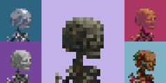 A pixelated skeleton character is displayed in the center against a purple background, surrounded by four smaller versions of itself in different color schemes (red, blue, and two gray variations). The image plays on the "NFT aura" meme trend by showing the skeleton character with various stylized color filters, humorously presenting it as a unique digital collectible.