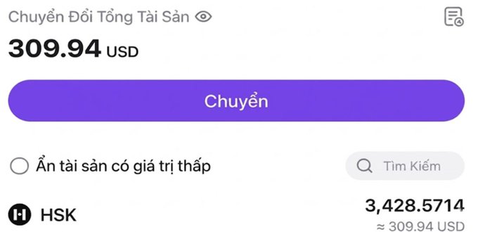 A cryptocurrency wallet interface shows a total asset conversion of 309.94 USD with 3,428.5714 HSK tokens listed below a purple 'Chuyển' (Transfer) button.