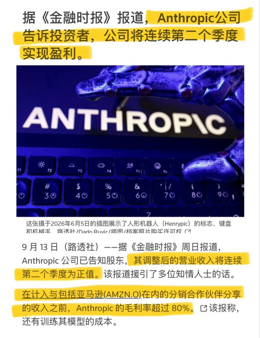 A Chinese-language news article from Financial Times reports that Anthropic told investors it will achieve profitability for a second consecutive quarter, with the company telling shareholders that adjusted operating revenue will be positive for the second straight quarter, and before sharing revenue with distribution partners including Amazon (AMZN.O), Anthropic's gross margin exceeds 80%. The article features an image of the Anthropic logo overlaid on a keyboard with a robotic claw, captioned as a screenshot taken on June 5, 2026 showing the Henryrpic logo, keyboard and robotic arm, with photo credit to Dado Ruvic/Reuters.