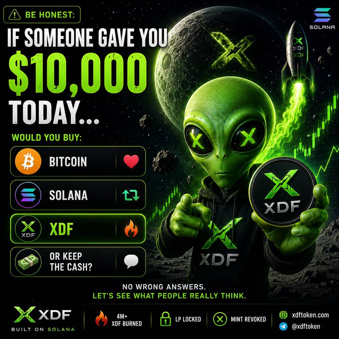 The image features a green alien with a gun, holding up a Bitcoin sign that says "XDF" above its head. The background of the image shows a planet with a rocket ship flying over it. Below this scene, there are three options for investing in Bitcoin and Solana, along with some questions about them. The post encourages people to be honest about their intentions when considering these investments.