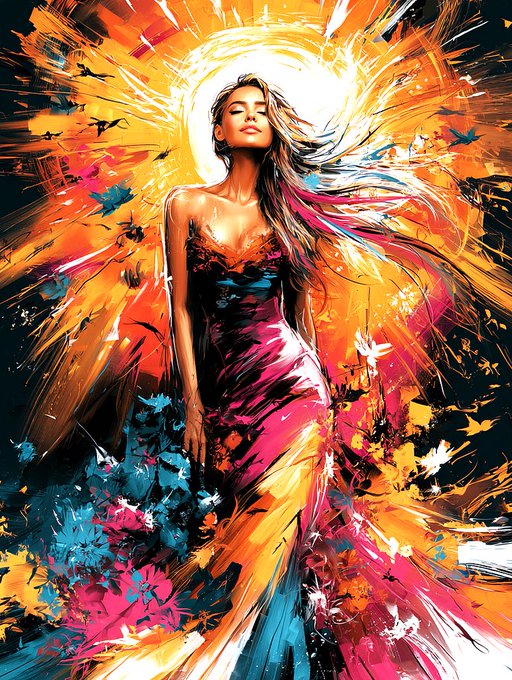 A vibrant, colorful digital painting of a woman with flowing hair wearing a dress, set against an explosive backdrop of orange, yellow, blue, and pink hues with butterflies and abstract brushstrokes.