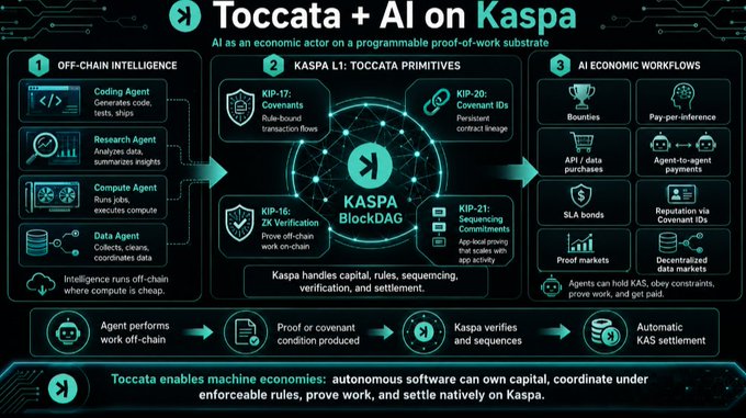 An infographic titled "Toccata + AI on Kaspa" detailing AI economic workflows on the Kaspa BlockDAG network.