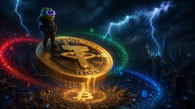 A Pepe frog wearing rainbow goggles stands atop a glowing gold Tether (USDT) coin, with a Bitcoin (₿) symbol below and RGB-colored rings swirling around—visually echoing the post's announcement of USDT returning to Bitcoin via RGB protocol, alongside tags like @utexocom, @skitsanr, @RGB_Hub, and @LnfiNetwork.