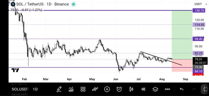 A TradingView chart of SOL/USDT on Binance (1D timeframe) showing a descending triangle pattern with price consolidating between $66.10 and $98.40, currently at $75.31 (-1.27%), with projected resistance levels marked at $82.25, $114.55, and $130.70 — illustrating the poster's bullish swing long setup targeting $130.
