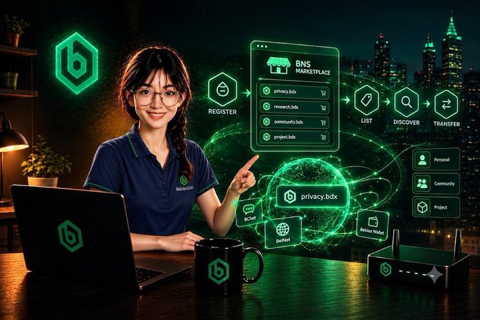 A promotional image for BNS Marketplace shows a woman with glasses at a laptop and coffee mug, surrounded by green holographic icons illustrating the platform's features for registering, listing, discovering, and transferring domain names like privacy.bdx, research.bdx, community.bdx, and project.bdx.