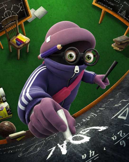 A 3D animated purple character wearing glasses and a tracksuit writing '1 1/6' on a chalkboard in a classroom setting.