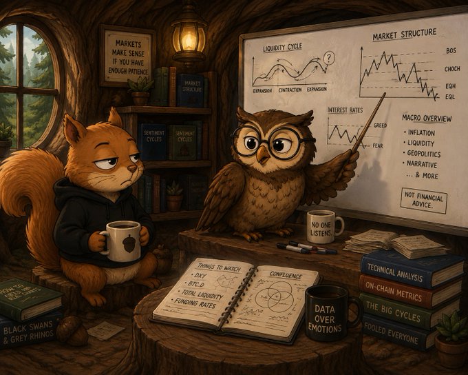 An illustrated cartoon scene featuring a skeptical squirrel and an owl wearing glasses in a tree-stump study, with a whiteboard showing market structure charts labeled 'BOS, CHoCH, EQH, EOL' and topics like 'Inflation, Liquidity, Geopolitics'.