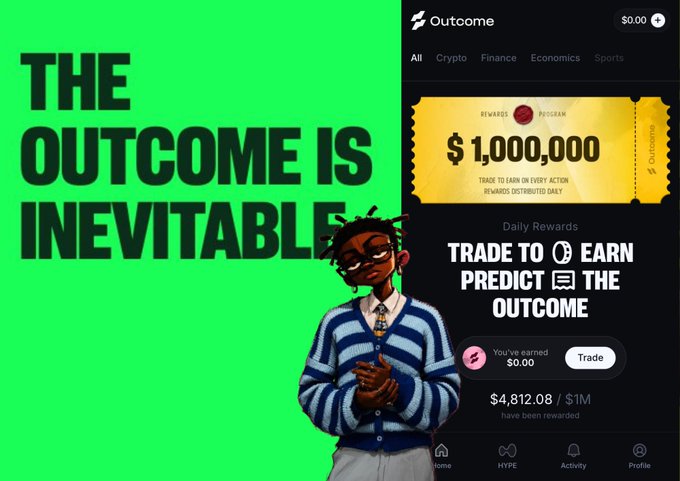 An 'Outcome' platform advertisement features an illustrated character and declares 'THE OUTCOME IS INEVITABLE' alongside a $1,000,000 rewards program banner and a trade-to-earn prediction interface.
