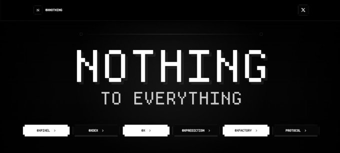 A pixelated monochrome graphic displays the bold title "NOTHING TO EVERYTHING" alongside navigation tabs for "@LITFUEL," "@CDX," "@RIF8ICTION," "@RMFACTORY," and "PROTOCOL"—a stark visual metaphor that ties into the post's announcement of an "Inside LitVM" X Space series covering the LitecoinVM ecosystem.