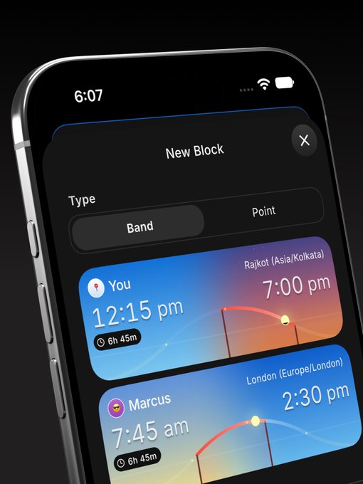 A smartphone screen showing a 'New Block' scheduling app interface with options for 'Band' or 'Point' type, displaying times for 'You' and 'Marcus' across different time zones.