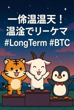 A cute illustration of a tiger, goat, and penguin characters on a podium under a night sky, with Chinese/Japanese text '一倫温温天! 温溢でリーケマ' and hashtags #LongTerm #BTC.
