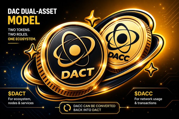 A promotional graphic for the 'DAC Dual-Asset Model' displays gold coins for $DACT (for ecosystem, nodes & services) and $DACC (for network usage & transactions), which can be converted between each other.