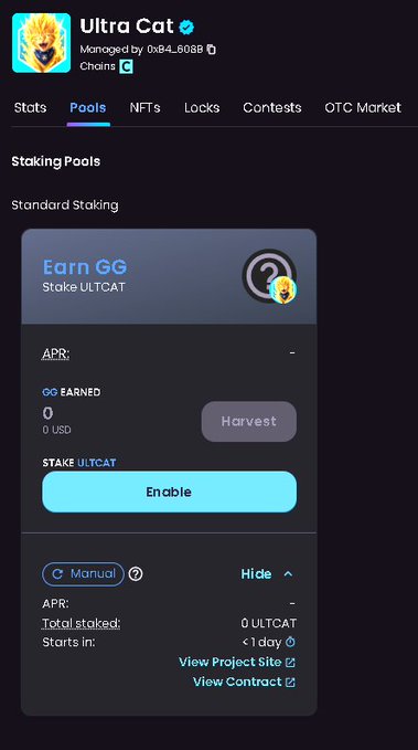 Ultra Cat staking pool page showing an 'Earn GG' standard staking interface with options to Enable or Harvest, managed by address 0x64...8088.