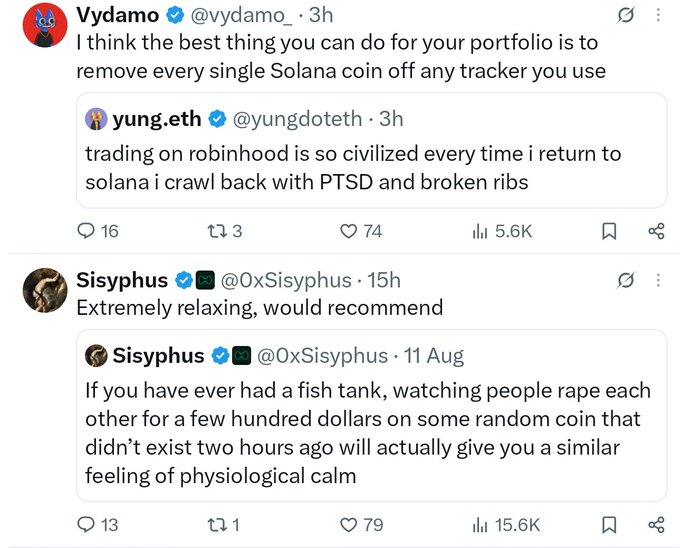 Twitter posts about Solana trading, including Vydamo recommending removing Solana coins from portfolio trackers, and Sisyphus joking about meme coin trading being 'extremely relaxing' and similar to watching a fish tank.
