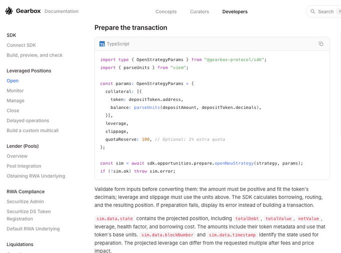 A documentation page for Gearbox's SDK demonstrating how to prepare an open leverage transaction using TypeScript, featuring an `OpenStrategyParams` object with collateral, leverage, slippage, and a 100 quotaReserve, followed by a call to `sdk.opportunities.prepare.openNewStrategy` to simulate the transaction before execution.

The code illustrates the post's point by showing how the requested leverage parameter is passed separately from the projected leverage calculated by the SDK, which accounts for fees, price impact, and the 1% extra quota reserve—highlighting that the final leverage may differ from what the user initially selects.
