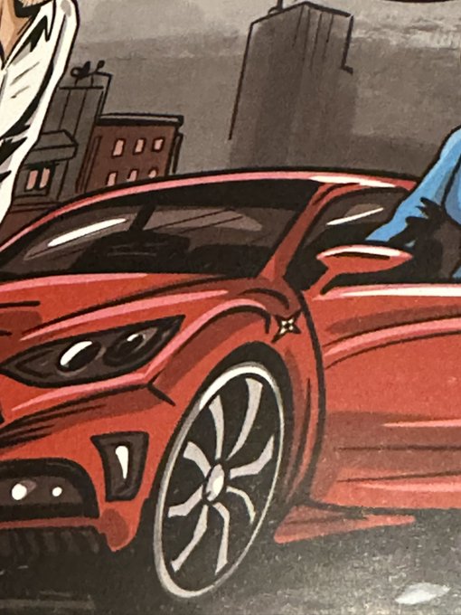An illustrated comic-style image shows a close-up of a red sports car with custom alloy wheels parked on a city street, with a person's arm visible on the right side.