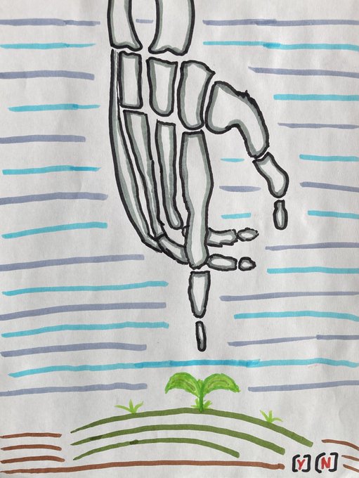 The image features a hand with its fingers spread out, as if reaching for something or someone. A small plant sprouts from the ground below the hand, symbolizing growth and connection. The background consists of blue and white lines that create an abstract pattern, adding depth and complexity to the scene. The caption "Society grows wise when humans grow networks they'll never benefit from" suggests a deeper meaning behind the image, possibly emphasizing the importance of nurturing relationships and connections in our lives for personal growth and societal development.